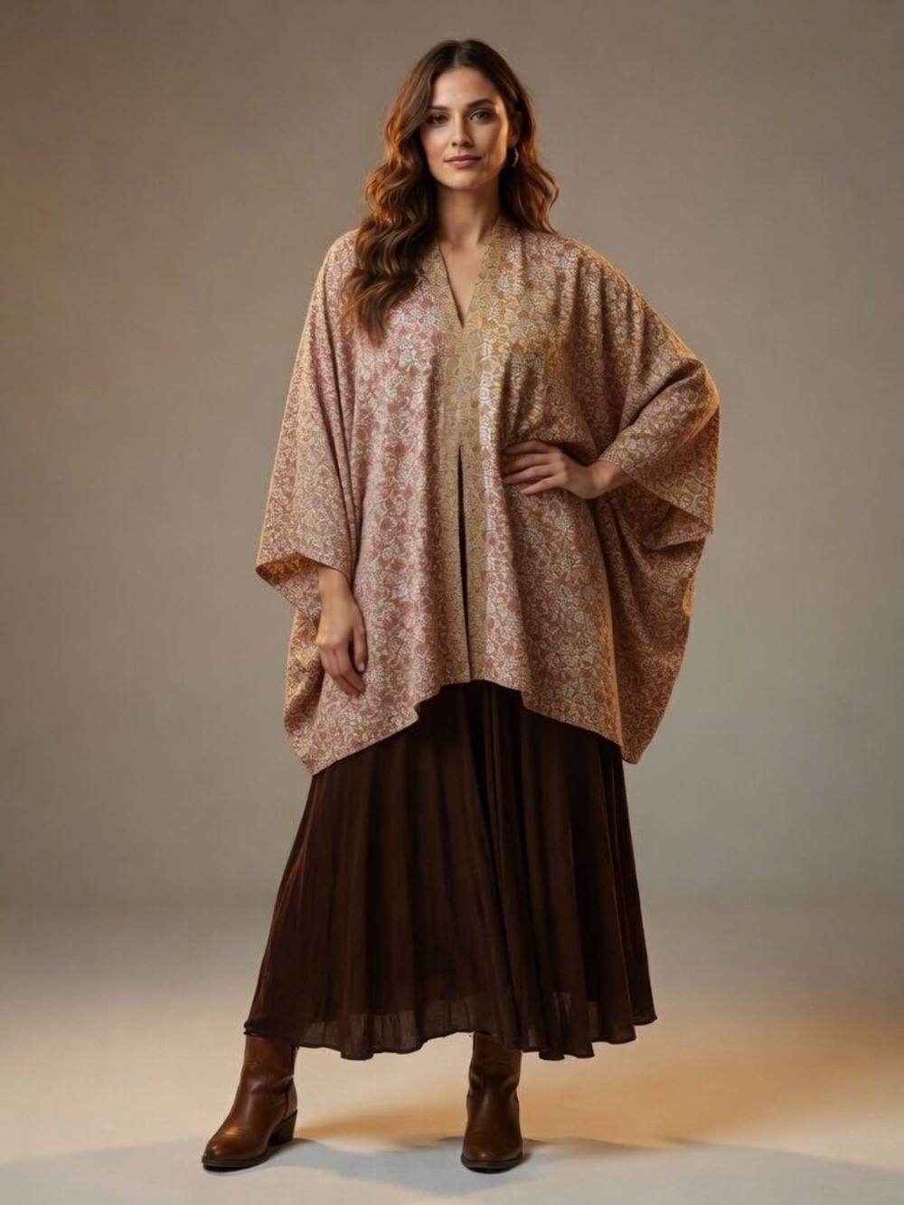 Women's Pink Beige Patterned Kimono Cardigan